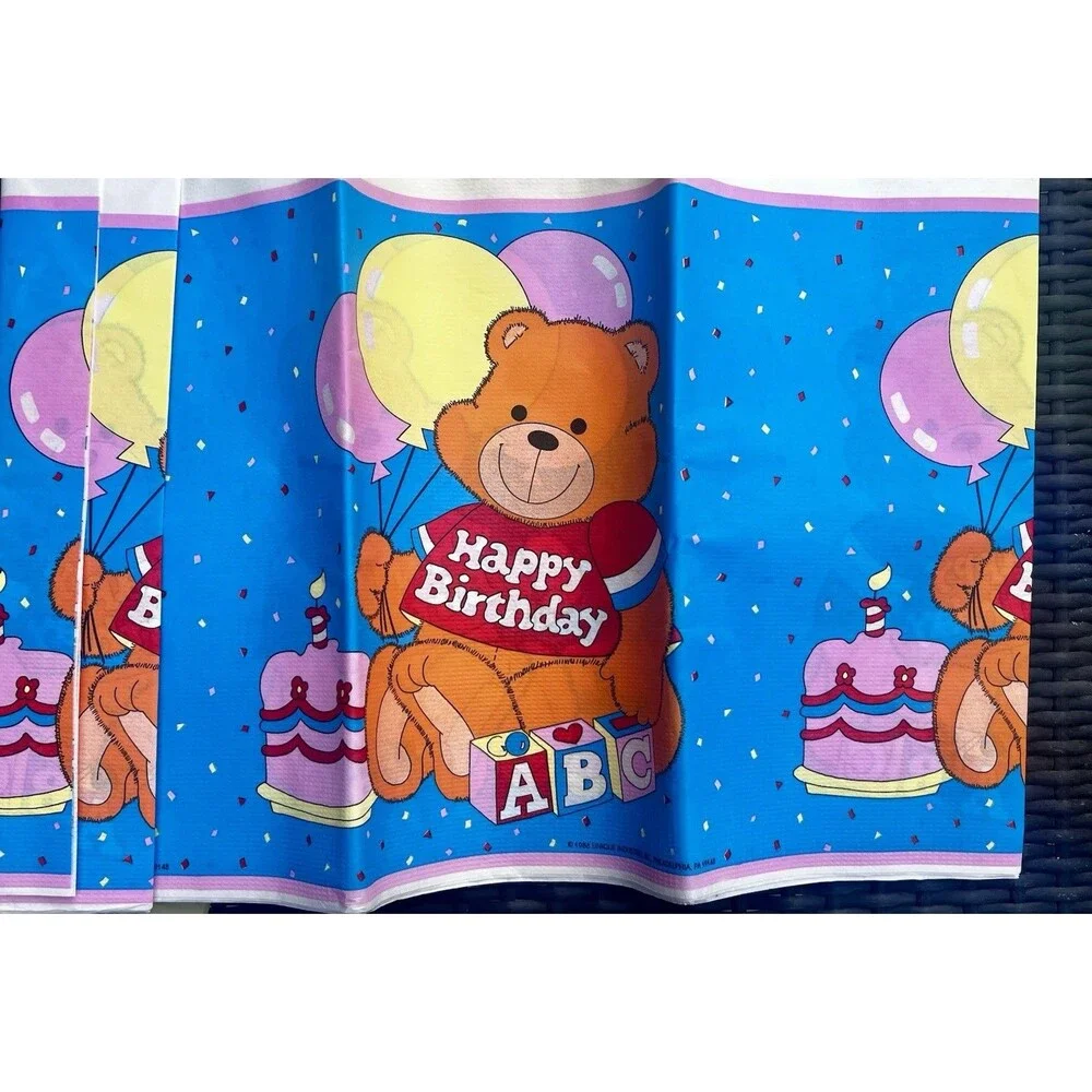 Vintage 1986 Teddy Bear Birthday Table Cover & 3 Matching Napkins Unused